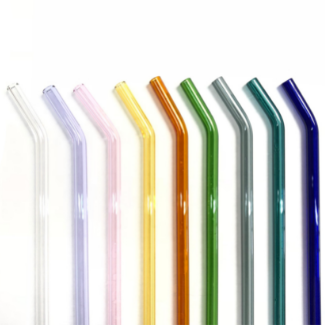 A selection of bent glass straws in various colors including clear, yellow, green, blue, and purple.