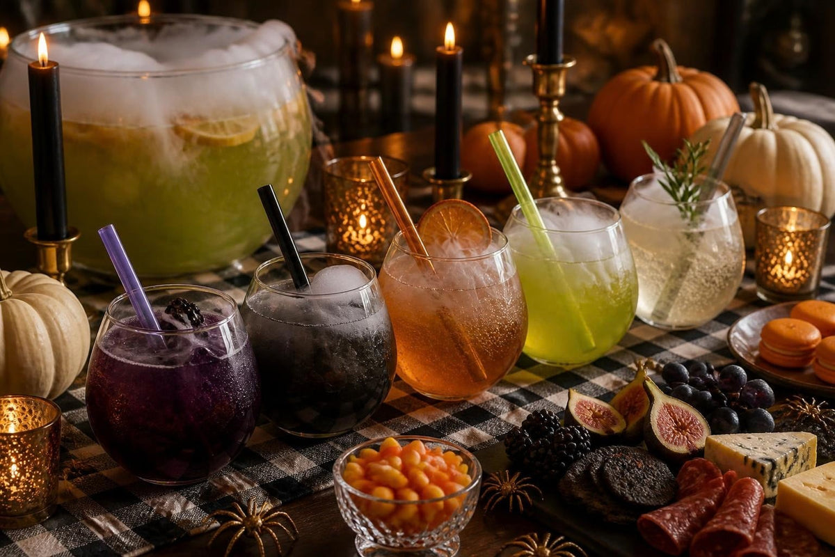 Halloween party spread with cocktails and Spooky Straws glass straws in Lavender, Onyx, Amber, Neon and Smoke, surrounded by pumpkins, candles and a fog-filled punch bowl